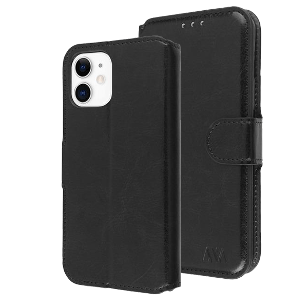 Black Smooth Element Wallet Case with Magnetic Closure Strap for Apple iPhone 12 Mini.