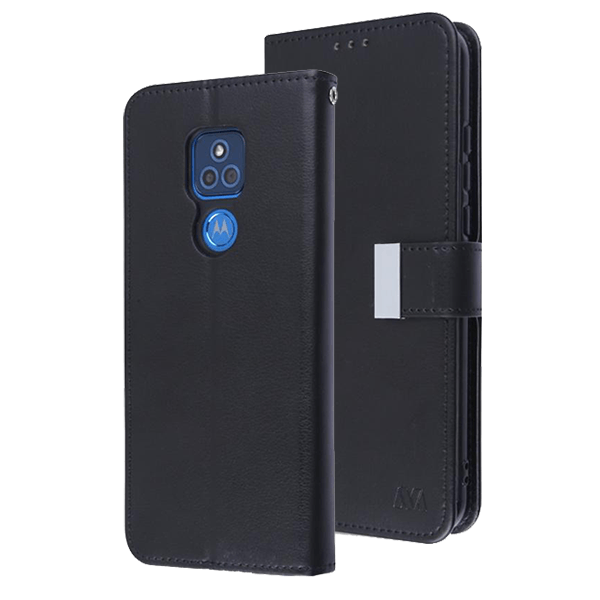 Black Sleek Xtra Wallet Case With Magnetic Closure Strap for Motorola Moto G Play (2021).