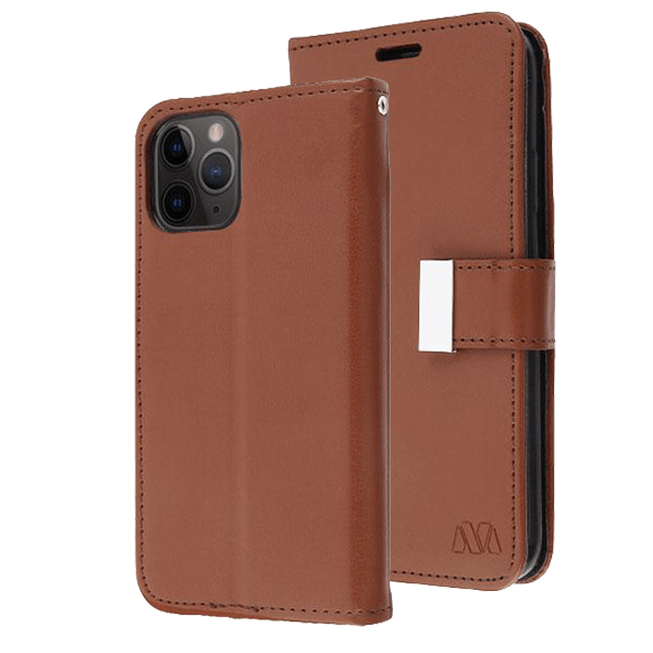 Brown Sleek Xtra Wallet Case With Magnetic Closure Strap for Apple iPhone 11.