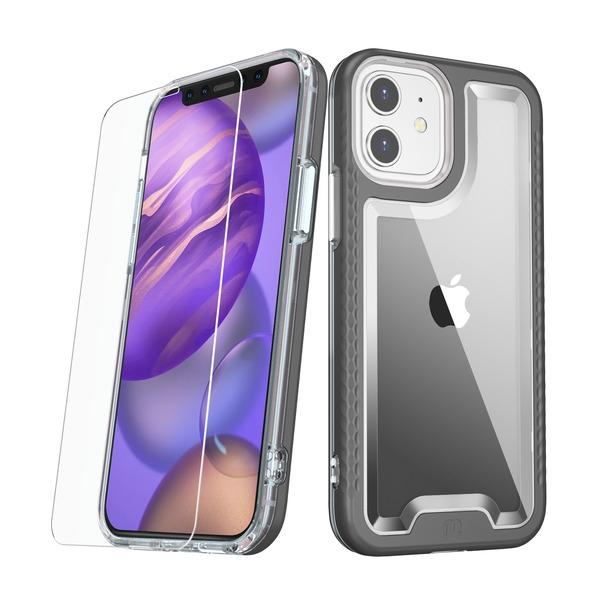 Black slim & sleek, with a texturized bumper & clear smooth back tough MyBat Pro Lux series case with tempered glass for the Apple iPhone 12 mini