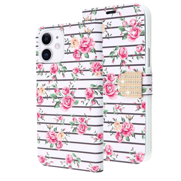 Pink Flowers and Black Horizontal Lines Diamond Wallet Case with Bedazzled Closure Strap for Apple iPhone 12 mini