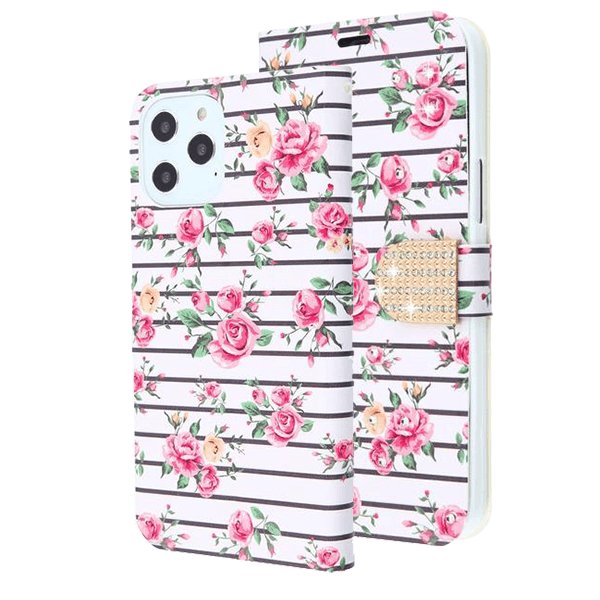 Pink Roses and Black Horizontal Stripes Diamond Wallet Case with Bedazzled Closure Strap for Apple iPhone 12 Pro Max