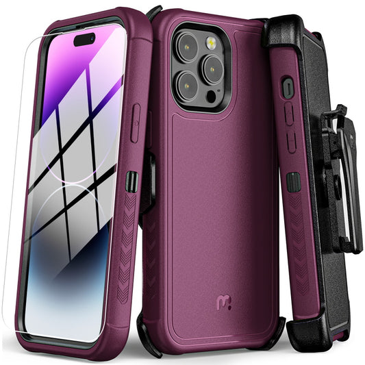 MyBat Pro Maverick Series Case w/ Holster and Tempered Glass for Apple iPhone 14 Pro Max (6.7)