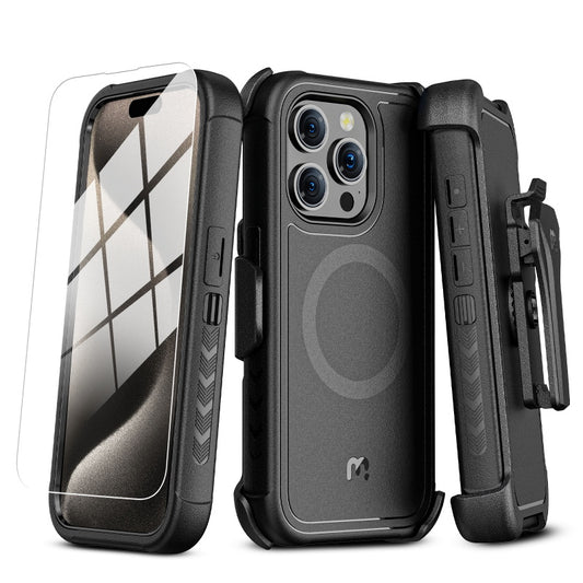 MyBat Pro Antimicrobial Maverick Series w/ MagSafe Case with Holster and Tempered Glass for Apple iPhone 15 Pro (6.1)