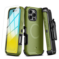 MyBat Pro Antimicrobial Maverick Series w/ MagSafe Case with Holster and Tempered Glass for Apple iPhone 16 Pro Max
