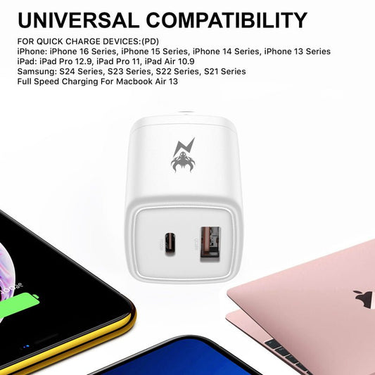 AmpNergy PowerSurge 20 Fast Dual - Port Charger w/ Foldable Plug with USB - C to USB - C CableMyBat Pro