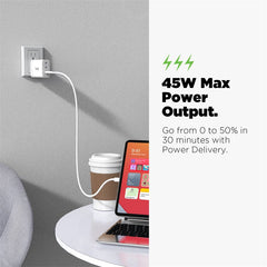 AmpNergy PowerSurge 45 Fast 3 - Port Charger w/ Foldable Plug - WhiteMybat Pro
