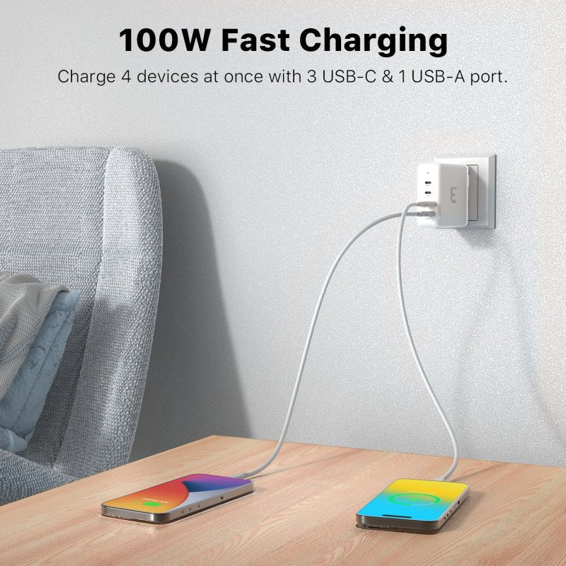 MyBat Pro 100W GaN 4 - Port Foldable Wall Charger (ETL Certified) - WhiteMybat Pro