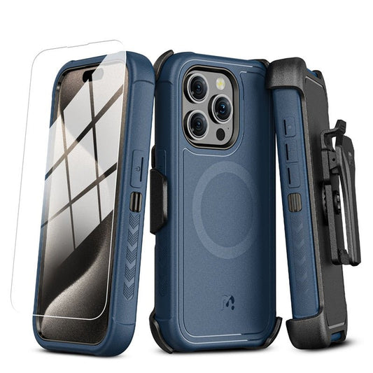 MyBat Pro Antimicrobial Maverick Series w/ MagSafe Case with Holster and Tempered Glass for Apple iPhone 15 Pro (6.1)iPhone 15 Pro