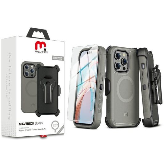 MyBat Pro Antimicrobial Maverick Series w/ MagSafe Case with Holster and Tempered Glass for Apple iPhone 15 Pro Max (6.7)iPhone 15 Pro Max