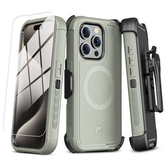 MyBat Pro Antimicrobial Maverick Series w/ MagSafe Case with Holster and Tempered Glass for Apple iPhone 15 Pro Max (6.7)iPhone 15 Pro Max
