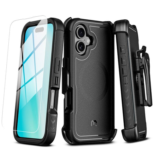 MyBat Pro Antimicrobial Maverick Series w/ MagSafe Case with Holster and Tempered Glass for Apple iPhone 16iPhone 16