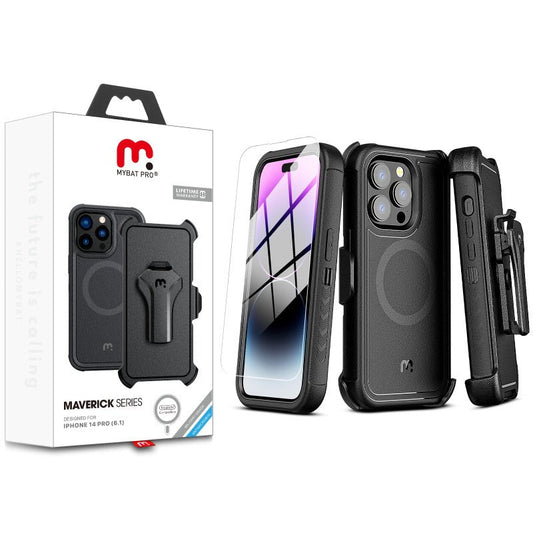 MyBat Pro Maverick Series MagSafe Case w/ Holster and Tempered Glass for Apple iPhone 14 Pro (6.1)iPhone 14 Pro