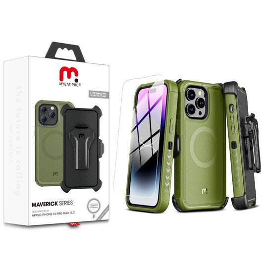 MyBat Pro Maverick Series MagSafe Case w/ Holster and Tempered Glass for Apple iPhone 14 Pro Max (6.7)iPhone 14 Pro Max