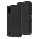 Black Smooth Element Wallet Case with Magnetic Closure Strap for Samsung Galaxy A01.