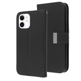 Black Sleek Xtra Wallet Case With Magnetic Closure Strap for Apple iPhone 12 Mini.