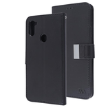 Black Sleek Xtra Wallet Case With Magnetic Closure Strap for Samsung Galaxy A11.