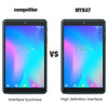 Image comparing competitor fuzzy display tempered glass to MyBat's high definition clarity image.