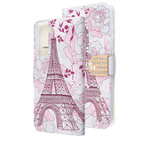 Pink Eiffel Tower Diamond Folio Wallet Case with Bedazzled Closure Strap for Samsung Galaxy S21 Plus.