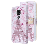 Pink Eiffel Tower Diamond Folio Wallet Case with Bedazzled Closure Strap for Motorola Moto G Play (2021).