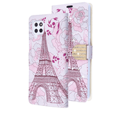 Pink Eiffel Tower Diamond Folio Wallet Case with Bedazzled Closure Strap for Samsung Galaxy A42 5G.