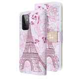 Pink Eiffel Tower Diamond Folio Wallet Case with Bedazzled Closure Strap for Samsung Galaxy A72 5G.