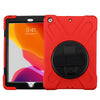 Red and black shock case with a rotatable kickstand and wristband strap for the Apple iPad 10.2