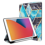 Ocean blue and urbanite swirl isometric pattern foldable shock absorbent tablet case with built-in apple pencil holder for the Apple iPad Air 10.2
