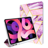 Purple and pink isometric marble pattern foldable shock resistant tablet cover with built-in Apple Pencil Holder for the Apple iPad Air 10.9