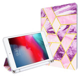 Rose gold and purple isometric pattern shock absorbing tablet case with built in apple pencil holder for the Apple iPad Mini 4