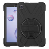 Black shock tablet case with a rotatable kickstand and wristband strap for the Samsung Galaxy Tab A 8.4 (2020)