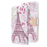 Pink Eiffel Tower Diamond Folio Wallet Case with Bedazzled Closure Strap for Samsung Galaxy S21.
