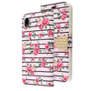 Pink Roses and Black Horizontal Stripes Diamond Folio Wallet Case with Bedazzled Closure Strap for Motorola Moto E6.
