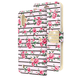 Pink Roses and Black Horizontal Stripes Diamond Wallet Case with Bedazzled Closure Strap for Samsung Galaxy A01.