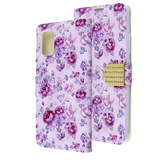 Purple Flowers Diamond Folio Wallet Case with Bedazzled Closure Strap for Samsung Galaxy A51 5G.