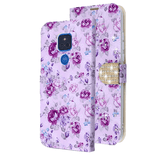 Purple Flowers Diamond Folio Wallet Case with Bedazzled Closure Strap for Motorola Moto G Play (2021).