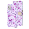 Purple Flowers Diamond Wallet Case with Bedazzled Closure Strap for Motorola Moto G Stylus (2021).