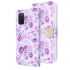 Purple Flowers Diamond Folio Wallet Case with Bedazzled Closure Strap for Samsung Galaxy A01.