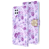Purple Flowers Diamond Folio Wallet Case with Bedazzled Closure Strap for Samsung Galaxy A42 5G.