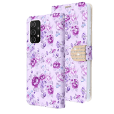 Purple Flowers Diamond Folio Wallet Case with Bedazzled Closure Strap for Samsung Galaxy A52 5G.