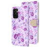 Purple Flowers Diamond Folio Wallet Case with Bedazzled Closure Strap for Samsung Galaxy A72 5G.