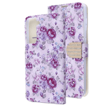 Purple Hibiscus Diamond Folio Wallet Case with Bedazzled Closure Strap for Samsung Galaxy S21 Plus.
