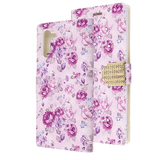 Purple Hibiscus Diamond Wallet Case with Bedazzled Closure Strap for Samsung Galaxy Note 10.