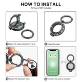 How to Install the AirTag Rhinestone cover. First you open the cover clasp and put the AirTag inside. After that close the clasp and attach the keychain hook to the key loop.
