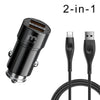 Black car charger with two usb ports and a black 6 foot usb-c cable bundle