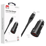 image of Black car charger with two usb ports and black 6 foot braided micro usb charging cable bundle within retail packaging