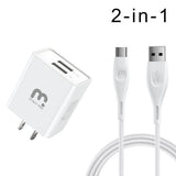 White wall travel charger with two usb ports and white braided micro usb cable bundle