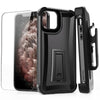 Black tough rugged combo case that comes with tempered glass screen protector, built-in kickstand and a detachable holster clip for the Apple iPhone 11 Pro Max