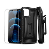 Tough rugged combo case that comes with tempered glass screen protector, built-in kickstand and a detachable holster clip for the Apple iPhone / iPhone 12 Pro