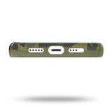 Bottom of Desert Green Camo Case and the iPhone 13 charging cutouts